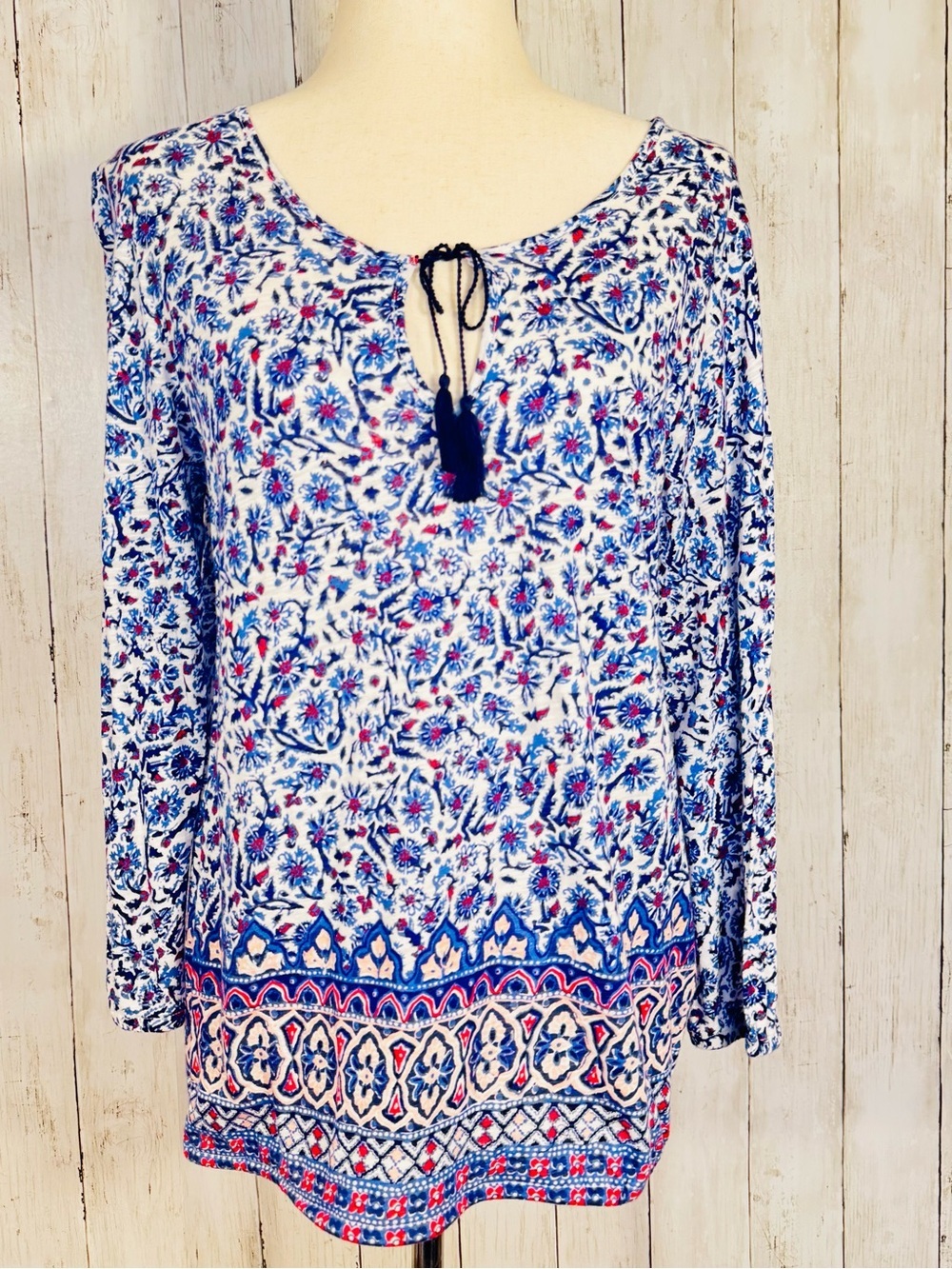 Lucky Brand | Floral Boho Peasant Top | Blue & Red Tassel Tie Blouse | Medium